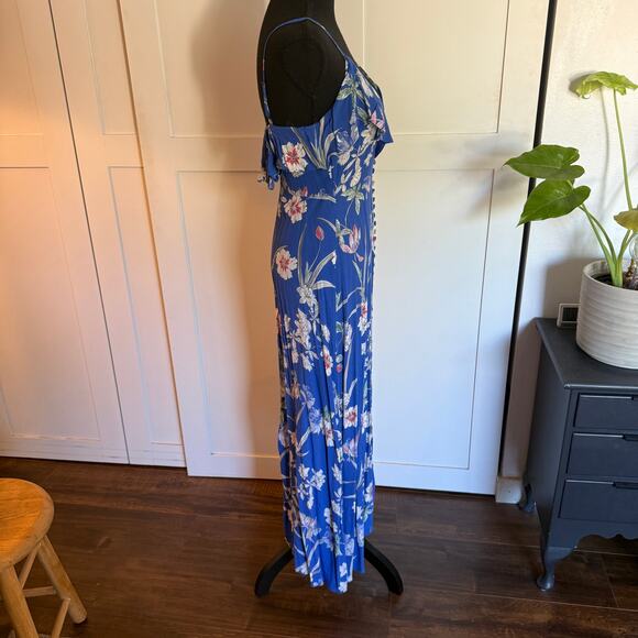 Zara Blue Floral Spaghetti Strap Button Front Ruffle Detail Maxi Dress - s - Picture 10 of 12